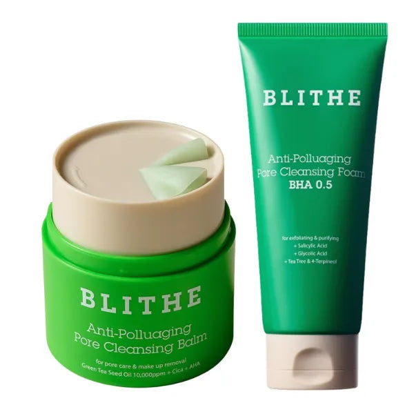 BLITHE Pore Care Duo – Cleansing Balm & AHA BHA Cleanser | Deep Pore Cleansing, Makeup Remover,
