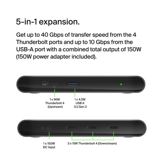 Belkin Connect Thunderbolt 4 Docking Station, 5-in-1 USB-C Multiport Core Hub w/ 96W Power Delivery for Mac, Windows, Single 8K or Dual 4K Display, Thunderbolt 4 Cable & Power Supply Included