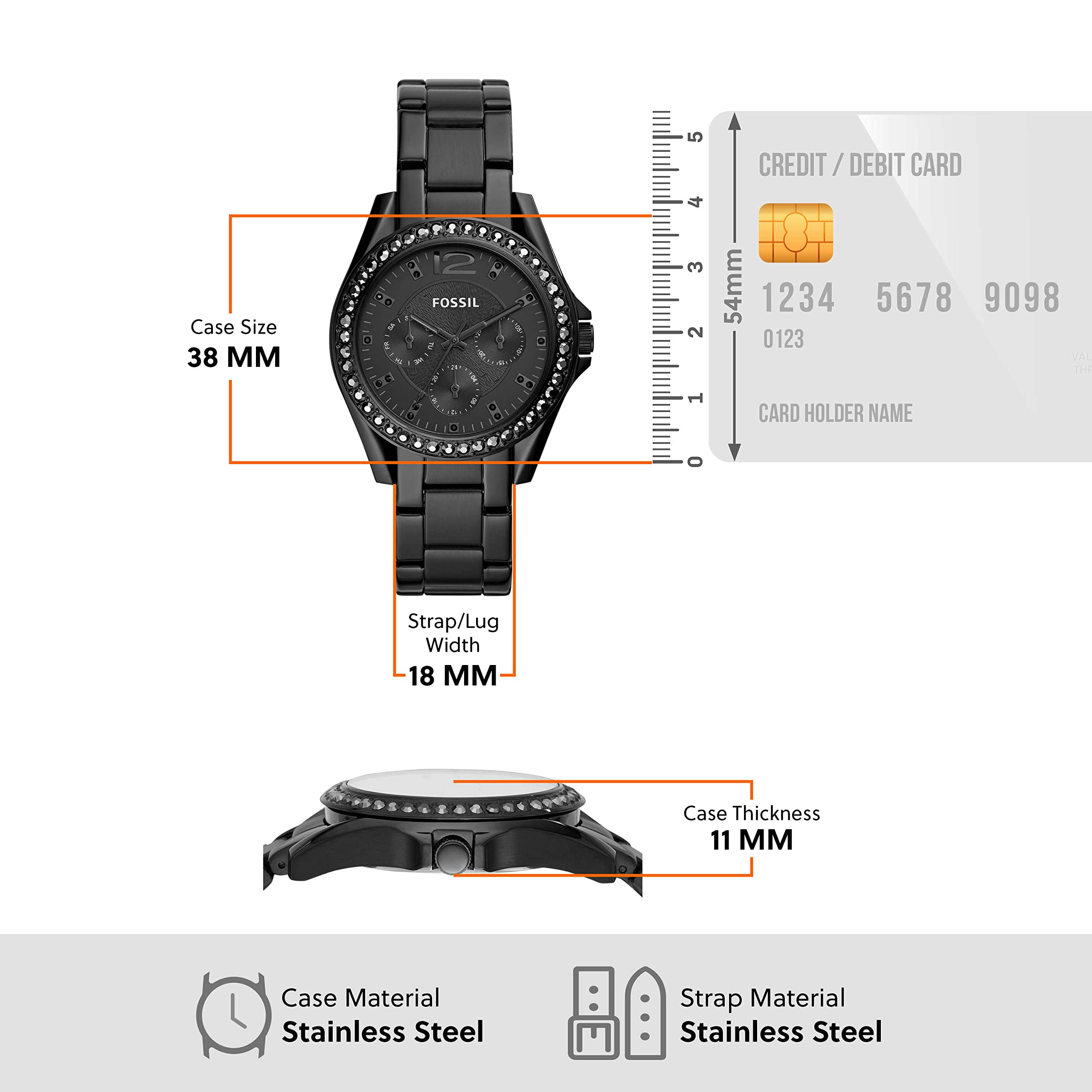 Fossil Women's Riley Stainless Steel Crystal-Accented Multifunction Quartz Watch, Riley Multifunction - ES2811