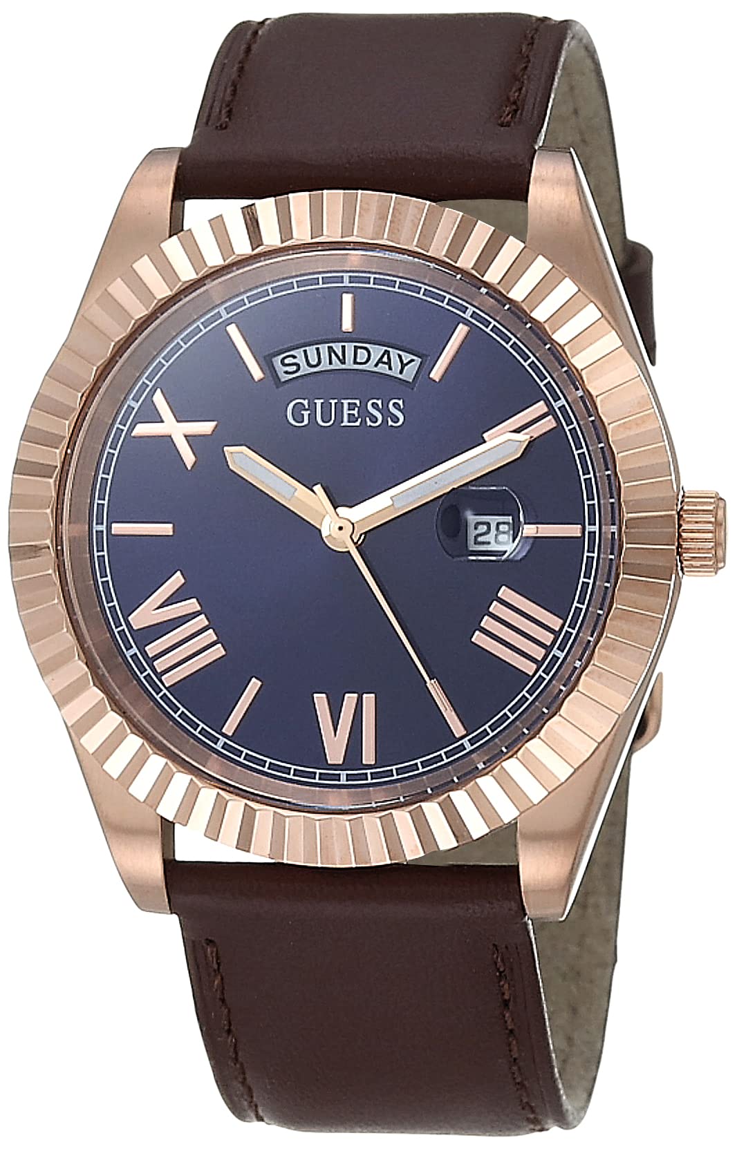 guess 42mm stainless steel day-date watch with coin edge bezel, brown/rose gold-tone, ns
