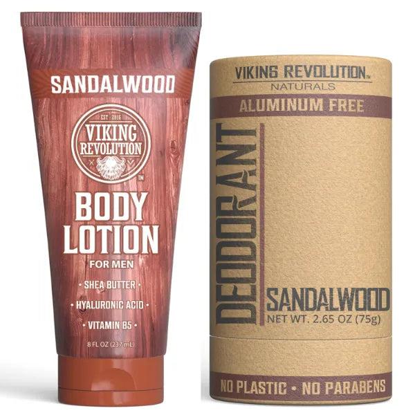 Viking Revolution Sandalwood Deodorant for Men and Sandalwood Body Lotion for Men - Aluminum Free with Shea Butter and Tapioca Starch - Mens Lotion with Shea Butter and Hyaluronic Acid (2.65oz + 8oz)