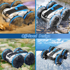 FREE TO FLY Remote Control Car Boat Truck- Amphibious 4WD Stunt Cars 2.4Ghz Rotating 360° Offroad Terrain RC Vehicle Water Land for Kids 8 9 10 11 12 Years Old (Blue)