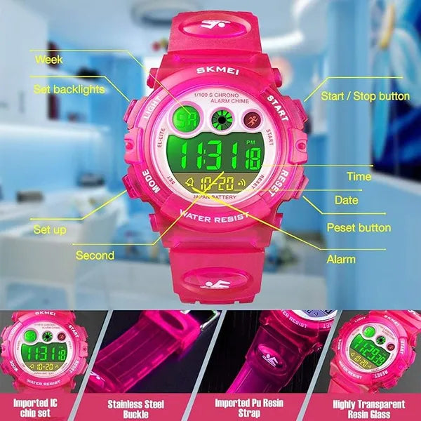 KASTWAVE Kids Digital Sport Watch for Boys Girls, Kid Waterproof Electronic Multi Function Casual Outdoor Watches, 7 Colorful LED Luminous Alarm Stopwatch Wristwatch, Pink