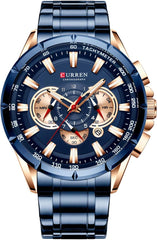 CURREN 8363 Watch for Male Men Quartz Man Wristwatch Watches with Stainless Steel Strap Band Three Sub-Dials Second Minute Microsecond Chronograph Date Calendar Indicator Waterproof Luminous Hands - Blue