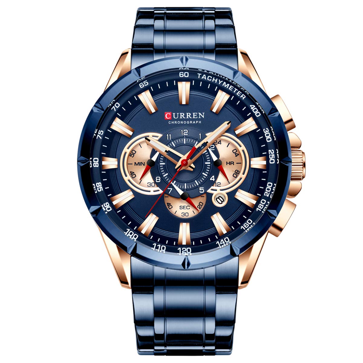 CURREN 8363 Watch for Male Men Quartz Man Wristwatch Watches with Stainless Steel Strap Band Three Sub-Dials Second Minute Microsecond Chronograph Date Calendar Indicator Waterproof Luminous Hands - Blue