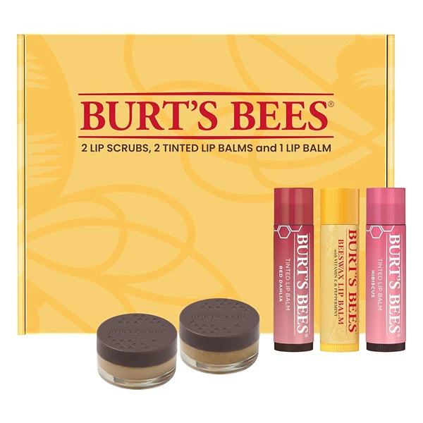 Burt's Bees Lip Care & Color Gifts Kit - Original Beeswax Moisturizing Lip Balm, Hibiscus & Red Dahlia Tinted Stain + Balm Duos, Conditioning Scrub & Overnight Sleeping Mask Exfoliator