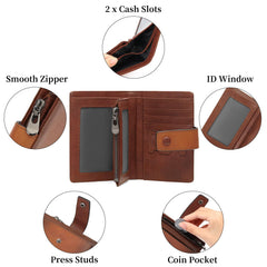KASTWAVE Genuine Leather Wallets for Men, Bifold RFID Blocking Wallet, Small Compact Card Case Purse with Zipper, Ladies Card Holder Wallet with id Window (Brown)