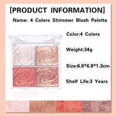 GEEWHILE Shimmer Blushers For Cheeks Make Up, 4 Colors Long-Lasting Blush Palette, 3 In 1 Blusher Contouring Highlighting, Natural-Looking Powder Blush for Women, Smudge-proof & Sweat-Resistant Blush
