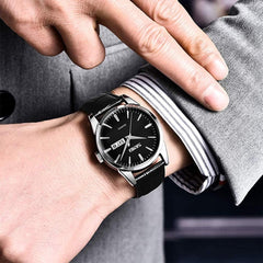 SKMEI Watch for Men Business Dress Classic Fashion Casual Black Leather Quartz Analog Waterproof Calendar Date Light Simple Wrist Watches Dad Fathers Gifts - Black strap*Silver case*Black Dial