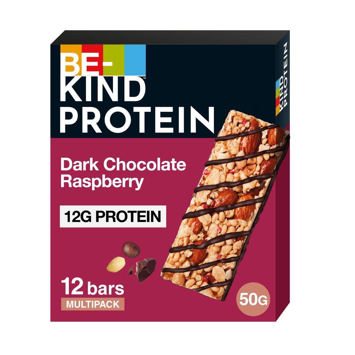BE-KIND Dark Chocolate Raspberry Protein Bar, 12g Plant Protein Tasty Protein Bars,Gluten Free Snacks,High Fibre,No Artificial Preservatives,No Artificial Colors, No Artificial Flavours - 50g, Pack of 12