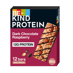 BE-KIND Dark Chocolate Raspberry Protein Bar, 12g Plant Protein Tasty Protein Bars,Gluten Free Snacks,High Fibre,No Artificial Preservatives,No Artificial Colors, No Artificial Flavours - 50g, Pack of 12