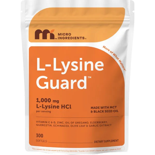 Micro Ingredients L-Lysine Guard 1,000mg Per Serving, 300 Softgels | with Vitamin C, D3, Zinc, Oil of Oregano, Quercetin & Garlic | Immune Support* | Made with MCT & Black Seed Oil | Non-GMO
