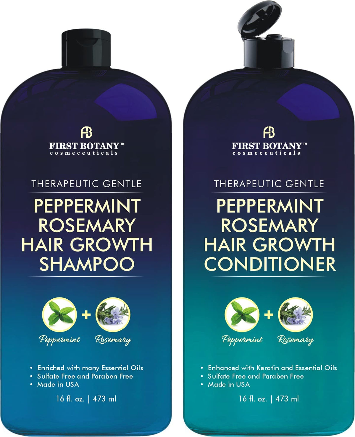 First Botany Peppermint Rosemary Hair Regrowth and Anti Hair Loss Shampoo and Conditioner Set - Daily Hydrating, Detoxifying, Volumizing Shampoo and Fights Dandruff For Men and Women 473ml x 2