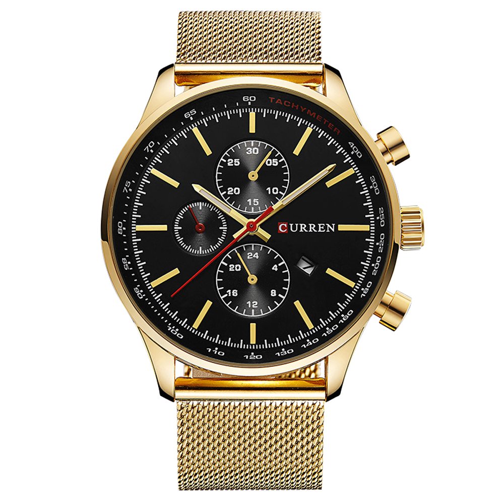 CURREN Men's Sports Waterproof Stainless Steel Date Watch Gold Black