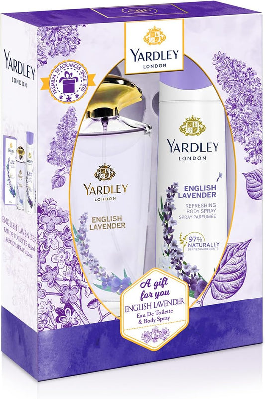 YARDLEY English Lavender Perfumed Gift Set, Floral Aromatic Freshness, Relaxing And Calming Scent, Eau De Toilette 125 ml + Body Spray 150 ml