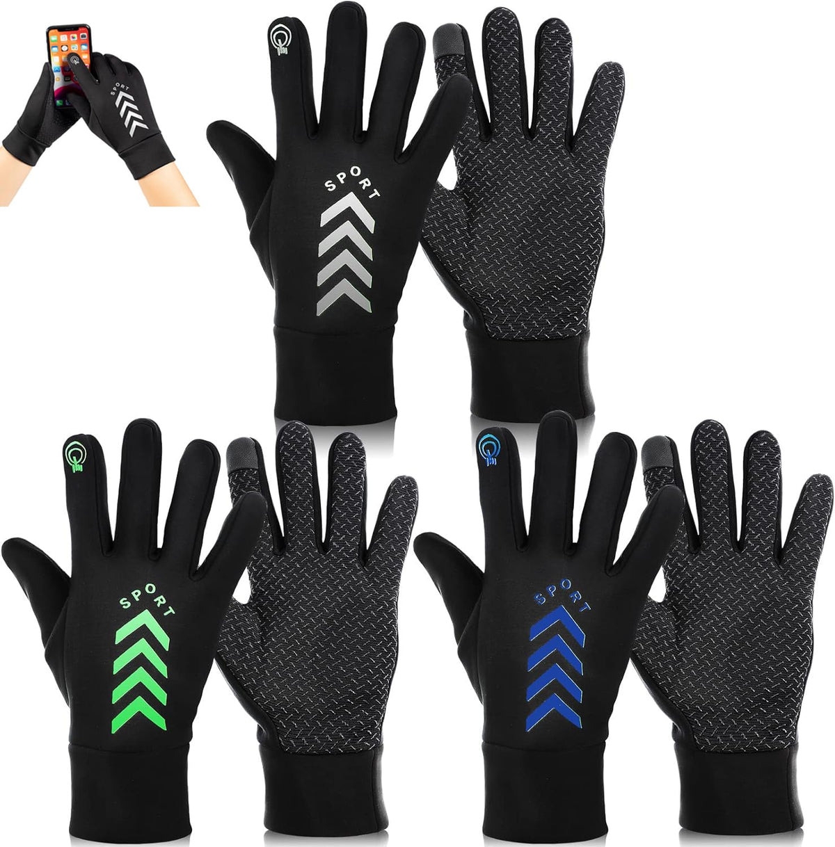 Azonee Winter Gloves Touch Screen, 3 Pairs Comfortable Waterproof Thermal Gloves Warm Driving Windproof Gloves Reflective Gloves for Running Cycling Driving Hiking