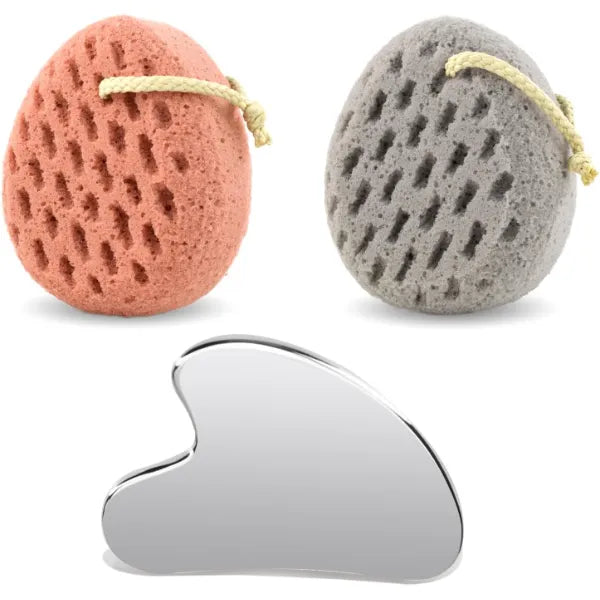 BAIMEI Bath Sponge and Stainless Steel Gua Sha Tool for Face & Body, Exfoliating Shower Sponge and Massage Tool Set