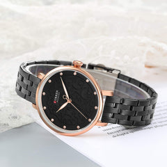 CURREN 9046 Quartz Women Wristwatch Carved Flower Embroidered Style Watch for Ladies Womens Watches with Leatherette PU Strap Stainless Steel Band Waterproof Wearable Accessories - Black