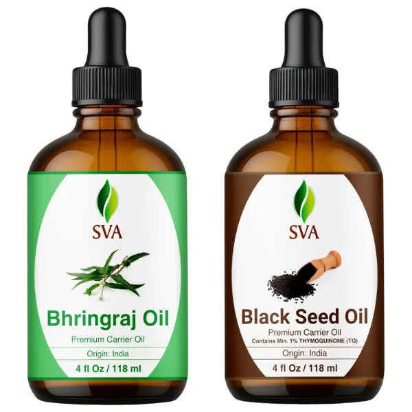 SVA ORGANICS Bhringraj and Black Seed Oil 4 oz Bundle Super Saver Combo – Premium Grade Value Set for Hair Oiling, Scalp Massage, Hair Care, Skin Care and Body Massage