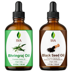 SVA ORGANICS Bhringraj and Black Seed Oil 4 oz Bundle Super Saver Combo – Premium Grade Value Set for Hair Oiling, Scalp Massage, Hair Care, Skin Care and Body Massage