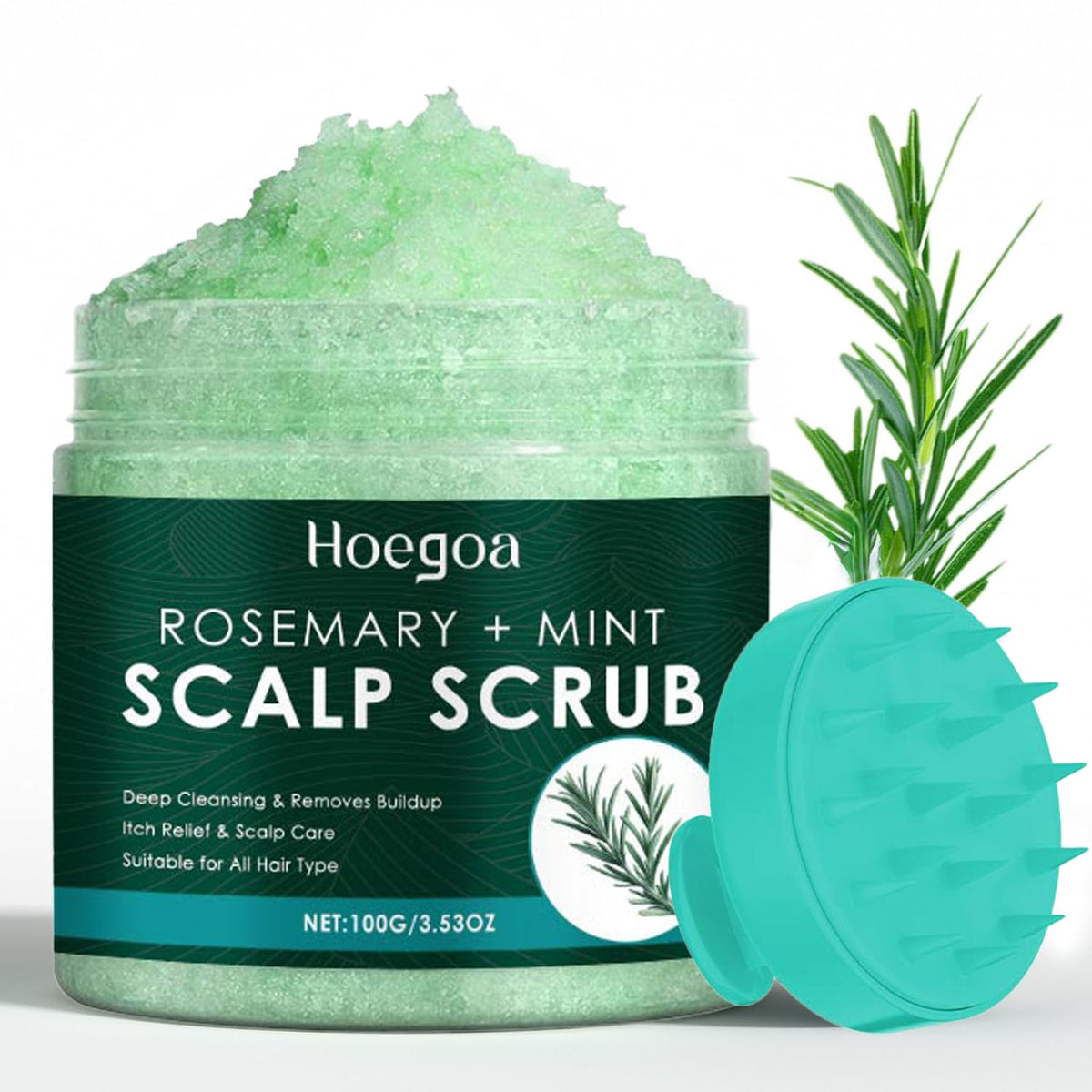 Hoegoa Scalp Scrub, Rosemary Scalps Exfoliator Scrub Shampoo, 2-in-1 Scalp Treatment with Maris Sal, Hair Treatment with Silicone Massager, Clarify and Remove Build Up - 100g