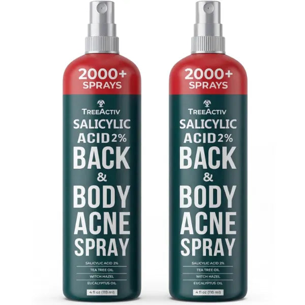 TreeActiv Salicylic Acid Back & Body Acne Spray, Fine Mist Back Spray for Bacne & Chest Acne, Tea Tree + Eucalyptus, Fast-Drying Non-Staining, 4 fl oz (2-Pack)