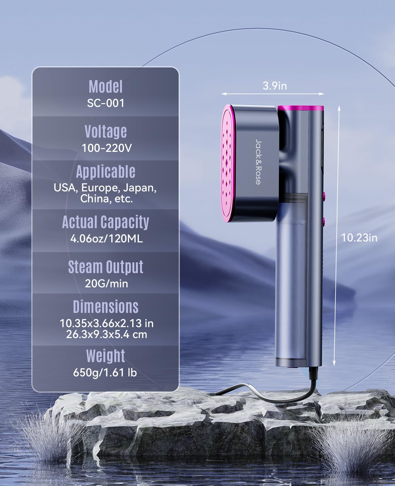 Jack & Rose ＆ Dual Voltage Travel Steamer for Clothes,100-220V Portable Steamer,15s Heat Up,Steamer ＆ Iron 2 In 1, Travel Size Garment Steamer,Large Ceramic Heat Panel,for Global ＆ Europe Traveling