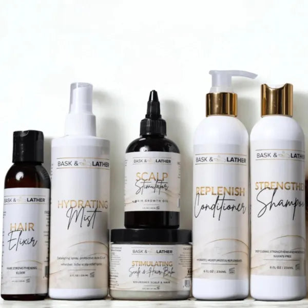 Bask & Lather Co. Healthy Hair Growth Starter Kit – Healthy Hair Care Routine Set with Shampoo, Conditioner, Scalp Treatment & Hydration System for All Hair Types