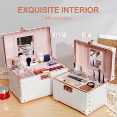 urecity Vintage Leather Makeup Train Case Portable Hard Shell Cosmetic Travel Case Lockable Makeup and Cosmetic Beauty Case for Home and Travel (Rose White 12.5'')