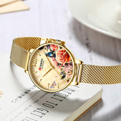 CURREN 9060 Luxury Casual Business Quartz Flower Dial Elegant with Stainless Steel Mesh Strap Band Wrist Watch For Women