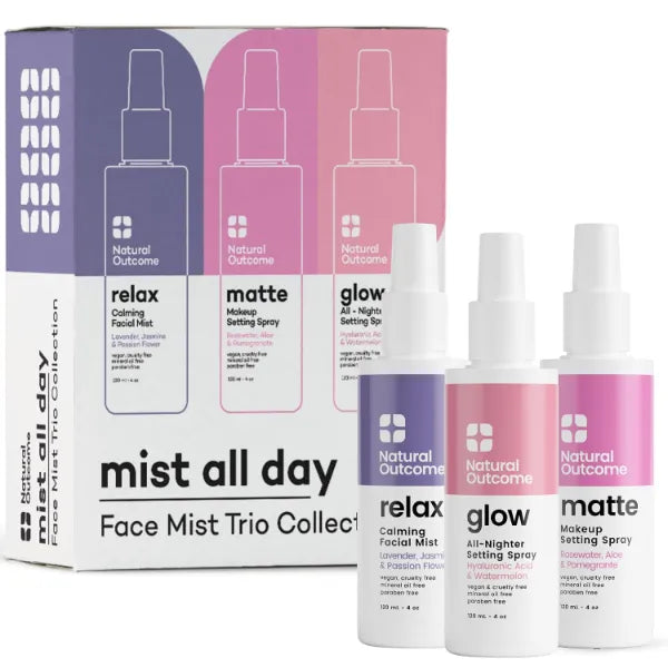Natural Outcome Face Mist Trio Collection – Hydrating Facial Mist Spray for Glowing Skin – Rosewater, Lavender & Hyaluronic Acid – Makeup Setting & Refreshing Face Spray Mist