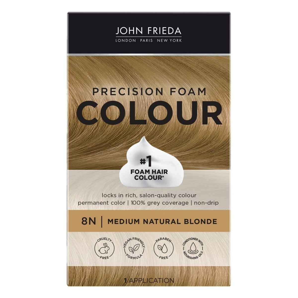 John Frieda Precision Foam Color, Medium Natural Blonde 8N, Full-Coverage Hair Color Kit, With Thick Foam For Deep Color Saturation