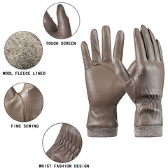 REDESS Winter Leather Gloves for Women, Wool Fleece Lined Warm Gloves, Touchscreen Texting Thick Thermal Snow Driving Gloves - Khaki
