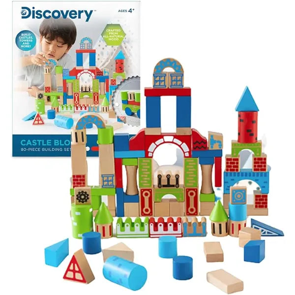 Discovery Wood Castle Blocks 80 Piece Amazon Exclusive Natural Wooden Building & Stacking Set, Imagination & Creativity Kids Activity Kit, Preschool Toddler Child Safe, Learning Playset Toy