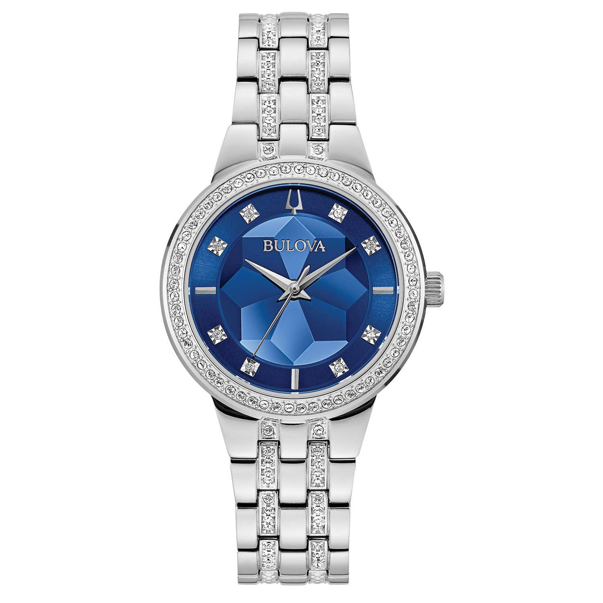 Bulova Ladies' Crystal Phantom 3-Hand Quartz Watch, Faceted Mineral Glass Dial - Steel/Blue