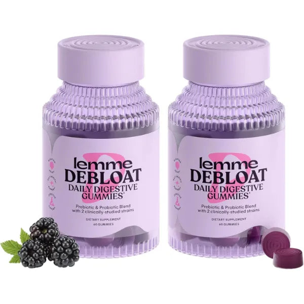 Lemme Debloat - Digestive & Gut Health Gummies with 2 Clinically Studied Probiotics & Prebiotic, Vegetarian, Gluten Free, Non GMO, BlackBerry Flavor (60 Count) (Pack of 2)