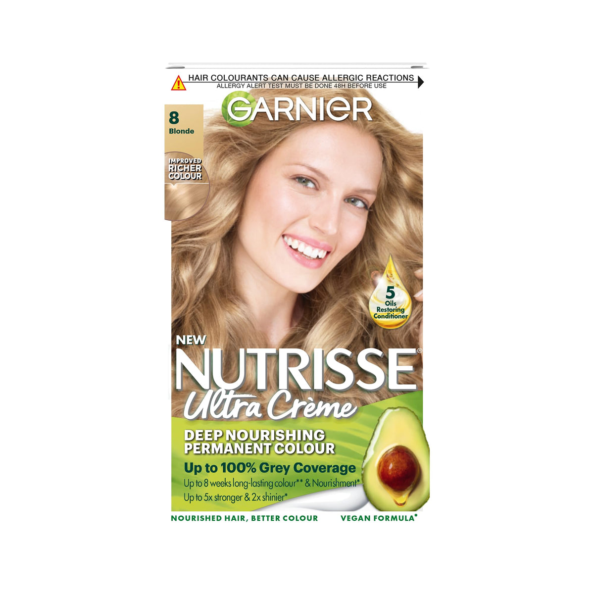 Garnier Nutrisse Permanent Hair Dye, Natural-looking, hair colour result, For All Hair Types, 8 Blonde
