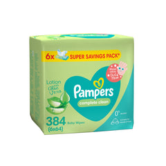 Pampers Complete Clean Baby Wipes with Aloe Vera Lotion for Hands & Face, 6 Packs, 384 Count