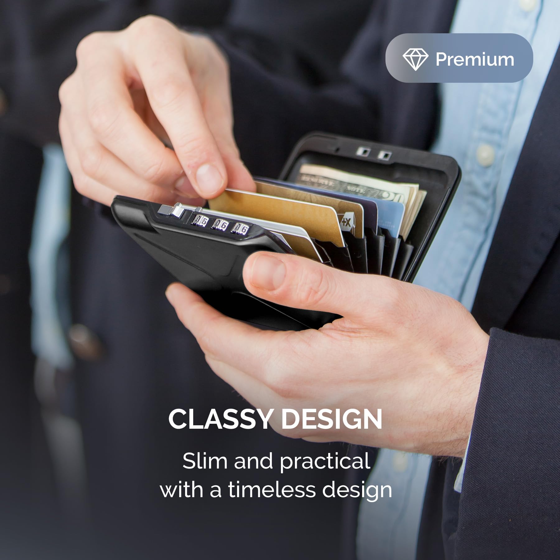 ÖGON -DESIGNS- Aluminium Code Wallet – The Code Wallet – Pocket Safe – RFID Blocking Secure Card Holder – Capacity 10 Cards and Banknotes  - Black