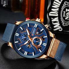 CURREN Mens Watches Luxury Chronograph Big Dial Male Watch Wrist Leather Waterproof Sport Army Military - rose gold blue