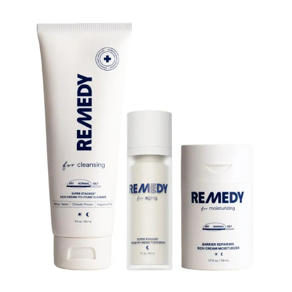 Remedy The Anti-Aging Routine | Complete 3-Step System | Rich Cream Cleanser, Moisture Cream & Retinol Night Treatment | Ceramides, Niacinamide, Peptides | Vegan
