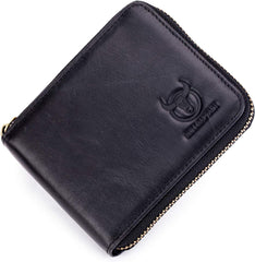 BULLCAPTAIN Mens Genuine Leather Zipper Wallet RFID Blocking Bifold Secure Zip Around Wallets Multi Credit Card Holder Purse (black)