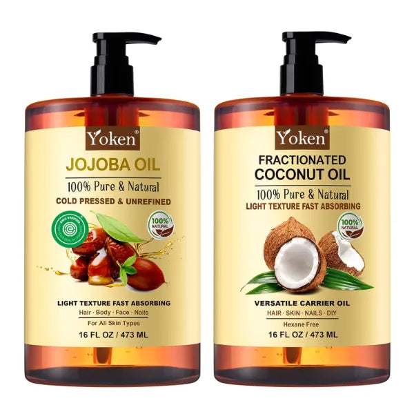 Yoken Jojoba Oil and Fractionated Coconut Oil Set: Both 16 oz, 100% Pure & Natural - Liquid Coconut Oil, Moisturizer for Hair, Face, Body, Carrier Oil for Essential Oils Mixing, Massage