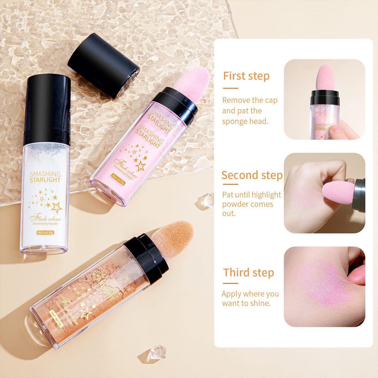 NALACAL Glitter Highlighter Stick Puff - Fairy Stick Highlight Powder for Eyes, Face, Body - Shimmering Loose Powder with Brush for Makeup