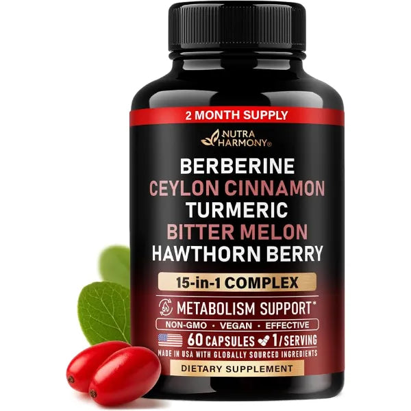 NUTRAHARMONY Berberine with Ceylon Cinnamon, Bitter Melon, Hawthorn & Turmeric, 60 Caps