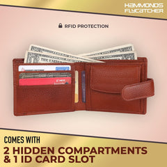 HAMMONDS FLYCATCHER Genuine Leather Wallet for Men - RFID Protected Leather Purse for Men, Money Purse for Men - 5 Card Slots, Coin Pocket, Hidden Pockets, Metal Snap Button - Tan