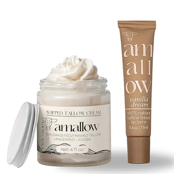 Amallow 100% Grass Fed Beef Tallow Skincare & Lip Balm Set Whipped Moisturizer for Face & Body (Unscented + Jojoba Oil) + All Natural Tallow Lip Balm Vanilla Dream