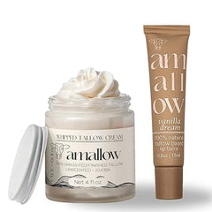 Amallow 100% Grass Fed Beef Tallow Skincare & Lip Balm Set Whipped Moisturizer for Face & Body (Unscented + Jojoba Oil) + All Natural Tallow Lip Balm Vanilla Dream