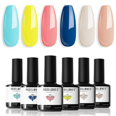 modelones Gel Nail Polish Set- 6 Summer Vibrant Colors Gel Polish Navy Blue Bright Mint Green Neon Yellow Nail Polish Gel Pink Nude LED Gel Nail Kit Soak Off Popular Nail Art Gifts for Women DIY Salon