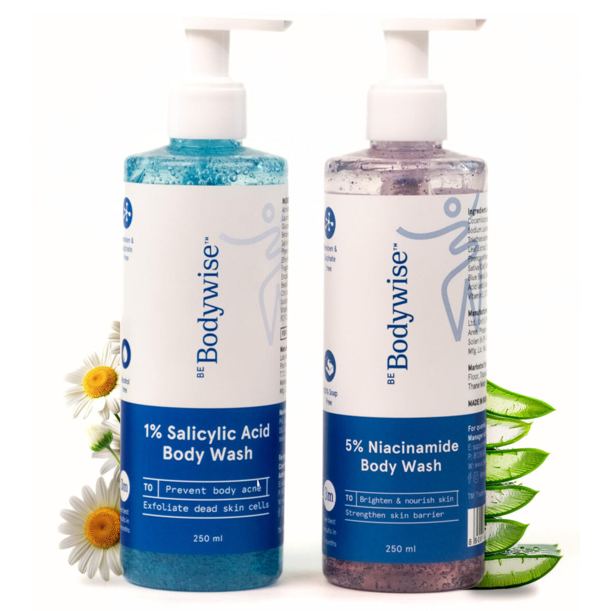 Be Bodywise 5% Niacinamide Body Wash & 1% Salicylic Acid Body Wash | With Aloe Vera & Chamomile Extract | For Glowing, Radiant & Even Skin | 500ml
